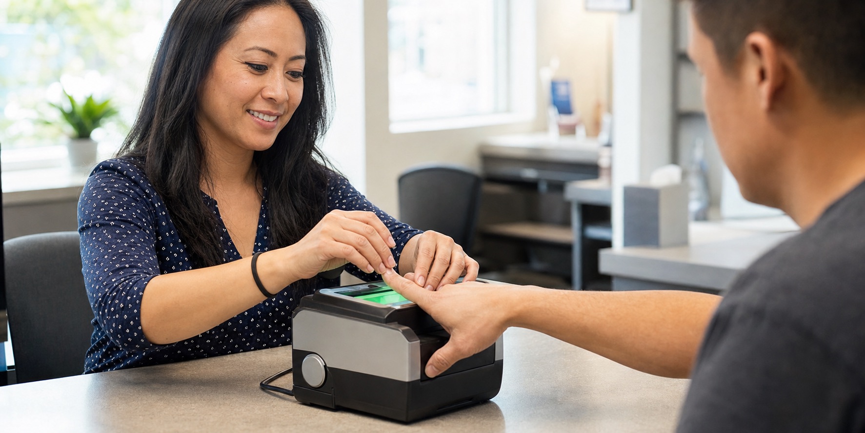 Technician assisting a customer with electronic Live Scan fingerprinting